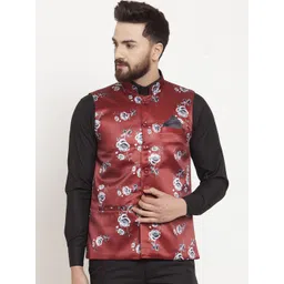 KLOTTHE Men Red & Grey Floral Printed Nehru Jacket-picture-31