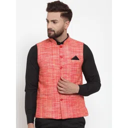 KLOTTHE Men Red Woven Design Nehru Jacket-picture-14