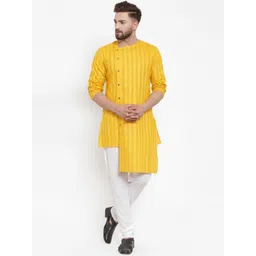 KLOTTHE Men Yellow & White Striped Kurta with Churidar Pyjamas-picture-35
