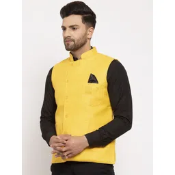 KLOTTHE Men Yellow Solid Woven Nehru Jackets image 5