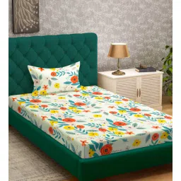 klotthe Multicolor Floral 300 TC Cotton Fitted Single Bedsheet with 1 Pillow Cover-picture-17