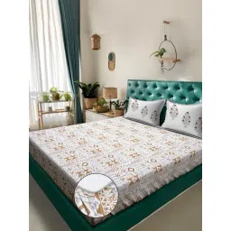 Klotthe Mustard Cotton Printed 400 TC King Fitted Bedsheet with 2 Pillow Covers-picture-45