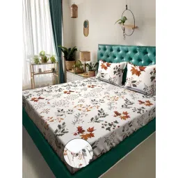 Klotthe Off White Cotton Blend Printed 300 TC King Fitted Bedsheet with 2 Pillow Covers-picture-46