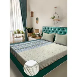 Klotthe Olive Cotton Printed 400 TC King Fitted Bedsheet with 2 Pillow Covers-picture-10