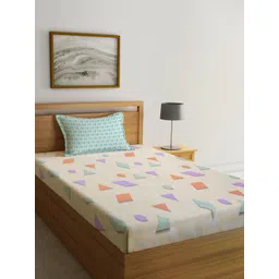KLOTTHE Orange & Blue Printed 300TC Fitted Single Bedsheet With 1 Pillow Cover-picture-24