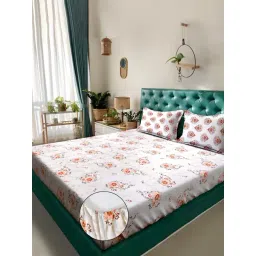 Klotthe Orange Cotton Printed 400 TC King Fitted Bedsheet with 2 Pillow Covers-picture-38