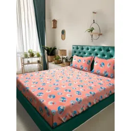 Klotthe Orange Cotton Printed 400 TC King Flat Bedsheet with 2 Pillow Covers-picture-29