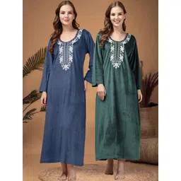 KLOTTHE Pack Of 2 Embroidered Woollen Maxi Nightdress-picture-15