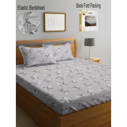 Klotthe Printed Grey 300 TC Cotton Blend Double Bed Sheet with 2 Pillow Covers-picture-20