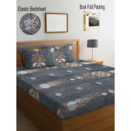 Klotthe Printed Grey 300 TC Cotton Blend Double Bed Sheet with 2 Pillow Covers-picture-24