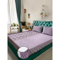 Klotthe Purple Cotton Printed 400 TC King Fitted Bedsheet with 2 Pillow Covers-picture-21