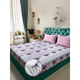 Klotthe Purple Cotton Printed 400 TC King Fitted Bedsheet with 2 Pillow Covers-picture-18