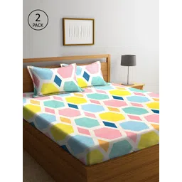 KLOTTHE Set Of 2 White & Blue Geometric 210 TC Cotton King Bedsheets with 4 Pillow Covers-picture-35
