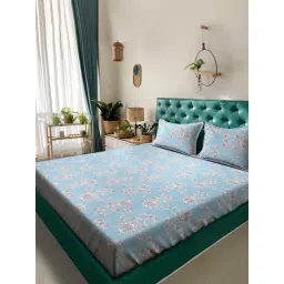 Klotthe Sky Blue Cotton Blend Printed 300 TC King Flat Bedsheet with 2 Pillow Covers-picture-26