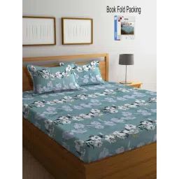 Klotthe Teal 300 TC Polycotton Double Book Fold Bedsheet with 2 Pillow Covers-picture-42