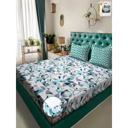 Klotthe White & Blue 300 TC Polycotton Double Elastic Book Fold Bedsheet with 2 Pillow Covers-picture-13
