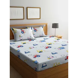 KLOTTHE White & Blue Conversational-Printed 300TC Double Bedsheet With Pillow Cover-image-21