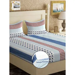 KLOTTHE White & Blue Geometric 300 TC Fitted Double King Bedsheet With 2 Pillow Covers-picture-16