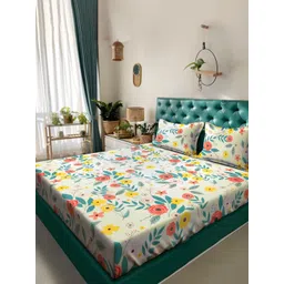 KLOTTHE White & Grey Floral Print 300 TC Fitted Double King Bedsheet With 2 Pillow Covers-picture-27