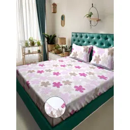 Klotthe White & Pink 300 TC Polycotton Double Elastic Bedsheet with 2 Pillow Covers-picture-46