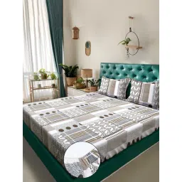 Klotthe White Cotton Blend Printed 300 TC King Fitted Bedsheet with 2 Pillow Covers-image-11