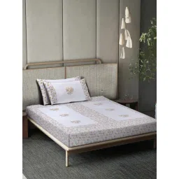 Klotthe White Cotton Printed 400 TC Single Fitted Bedsheet with 2 Pillow Covers-picture-22