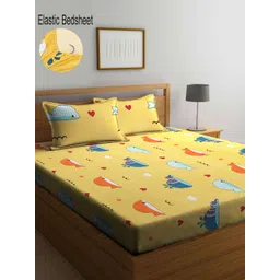 KLOTTHE Yellow & Blue Graphic 300 TC Fitted Double King Bedsheet with 2 Pillow Covers-picture-24