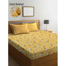 Klotthe Yellow Floral 300 TC Cotton Blend Fitted Double Bedsheet with 2 Pillow Covers-picture-20