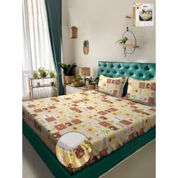 KLOTTHE Yellow Printed 400 TC Pure Cotton Fitted Double King Bedsheet & 2 Pillow Covers-picture-32
