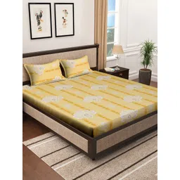 KLOTTHE Yellow Printed Pure Cotton 400 TC Fitted Double King Bedsheet With 2 Pillow Covers-picture-30