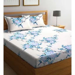 White and Blue Floral 300 TC Cotton Blend 1 King Sized Double Bedsheet With 2 Pillow Covers-image-3