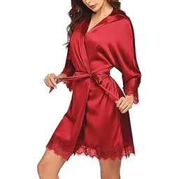 klovvy Babydoll Women’s Silk Robe Short Lace Trim Satin Robe 3/4 Sleeve Hot Kimono Bride Robe Comfy Bridal Sleepwear Night Dress Bridal on her Wedding Night and Gift Red-picture-12