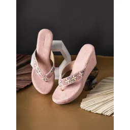 Kneetoes Women Light-Pink Stone-Work Beaded Wedge Sandals-image-28