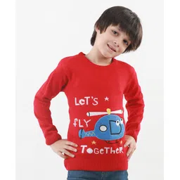 KNITCO Full Sleeves Lets Fly Together Text & Helicopter Detailed Sweater - Red-picture-37