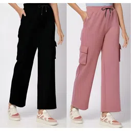 knitgarments Pack of 2 Women Solid Black, Pink Track Pants-picture-25