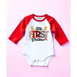 KNITROOT Cotton Knit Christmas Theme Full Raglan Sleeves My First Christmas Text Printed Onesie - Red & White-picture-26