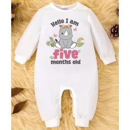 KNITROOT Cotton Knit Full Sleeves Hello I Am Five Months Old Text Rhino Printed Romper - White-picture-19
