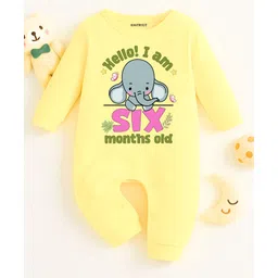 KNITROOT Cotton Knit Full Sleeves Hello I Am Six Months Old Text Elephant Printed Romper - Yellow-picture-14