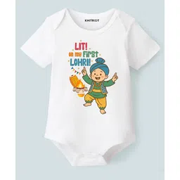 KNITROOT Cotton Knit Lohri Theme Half Sleeves Lit On My First Lohri Text Printed Onesie - White-picture-11