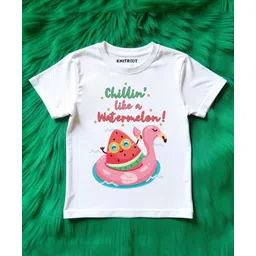 KNITROOT Cotton Summer Theme Half Sleeves Chillin Like A Watermelon Text Printed Tee - White-picture-26