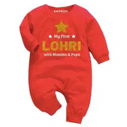 KNITROOT Full Sleeves First Lohri With Parents Glitter Text And Star Print Jumpsuit - Red-picture-17