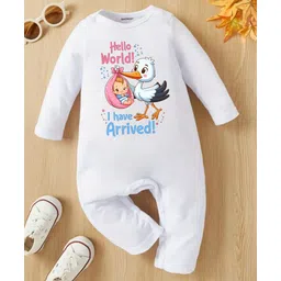 KNITROOT New Born Theme Full Sleeves Hello World I Have Arrived Text Printed Romper - White-picture-19