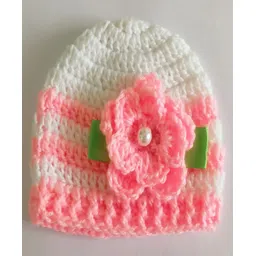 Knits & Knots Handmade Self Designed Floral Motif & Pearl Embellished Cap - Pink & White-picture-28
