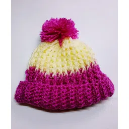 Knits & Knots Woollen Blend Colour Blocked Handmade Cap - Cream & Magenta-picture-38