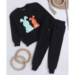 Knitting Doodles Fleece Woven Full Sleeves Bunnies Printed Winter Sweatshirt & Jogger Set - Black-picture-21