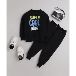 Knitting Doodles Fleece Woven Full Sleeves Super Cool Dude Text Printed Winter Sweatshirt & Jogger Set - Black-image-4