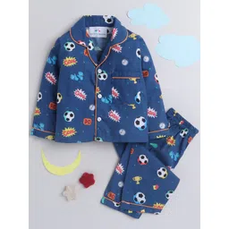 Knitting Doodles Kids Navy Blue & Yellow Printed Cotton Blend Night suit-picture-13
