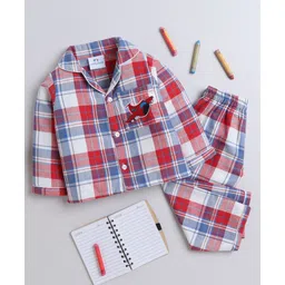 Knitting Doodles Pure Cotton Woven Full Sleeves Aeroplane Patch Detailed Checked Coordinating Night Suit Set - Red & Blue-picture-39