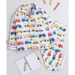 Knitting Doodles Pure Cotton Woven Full Sleeves Cars Printed Coordinating Night Suit Set - White-picture-21