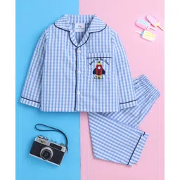 Knitting Doodles Pure Cotton Woven Full Sleeves Checked Coordinating Night Suit Set - Blue & White-picture-24